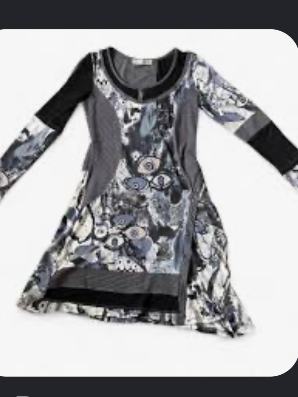 Forla Paris Gray & Black Eye Pattern Long Sleeve A-Line Tunic
